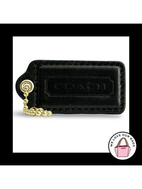 Rare COACH HANG TAG 2.5" Black Smooth Leather Bag Charm Keychain Fob Brass Large
